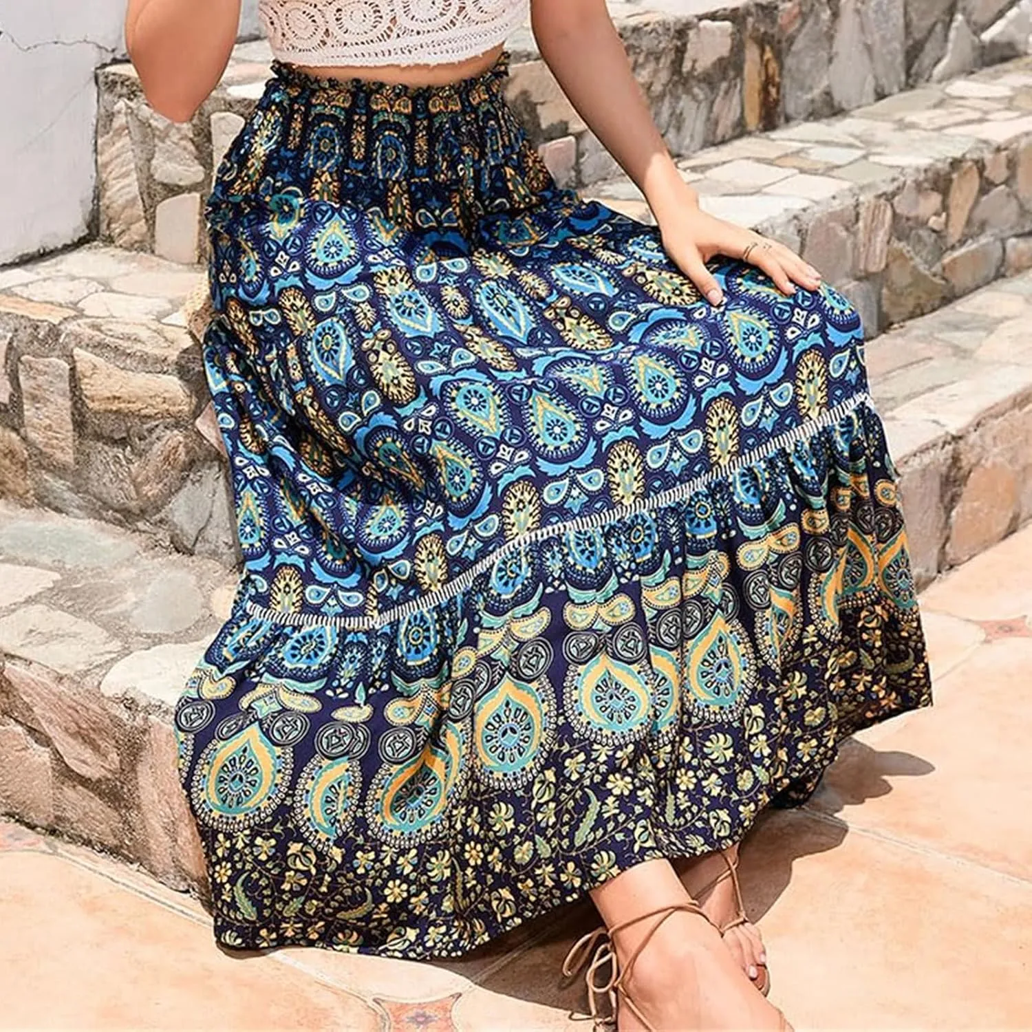 Womens Floral Print Boho Maxi Skirt Casual Elastic High Waist Skirts Pleated Ruffle Flowy Skirts Long Beach Skirt
