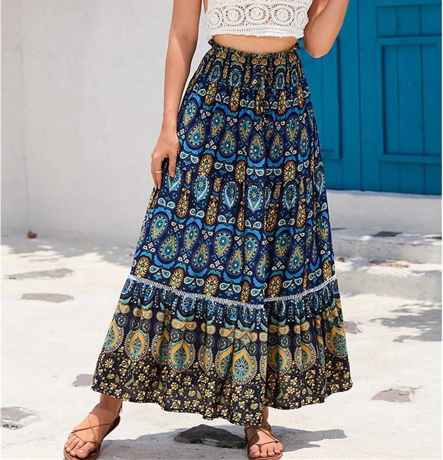 Womens Floral Print Boho Maxi Skirt Casual Elastic High Waist Skirts Pleated Ruffle Flowy Skirts Long Beach Skirt
