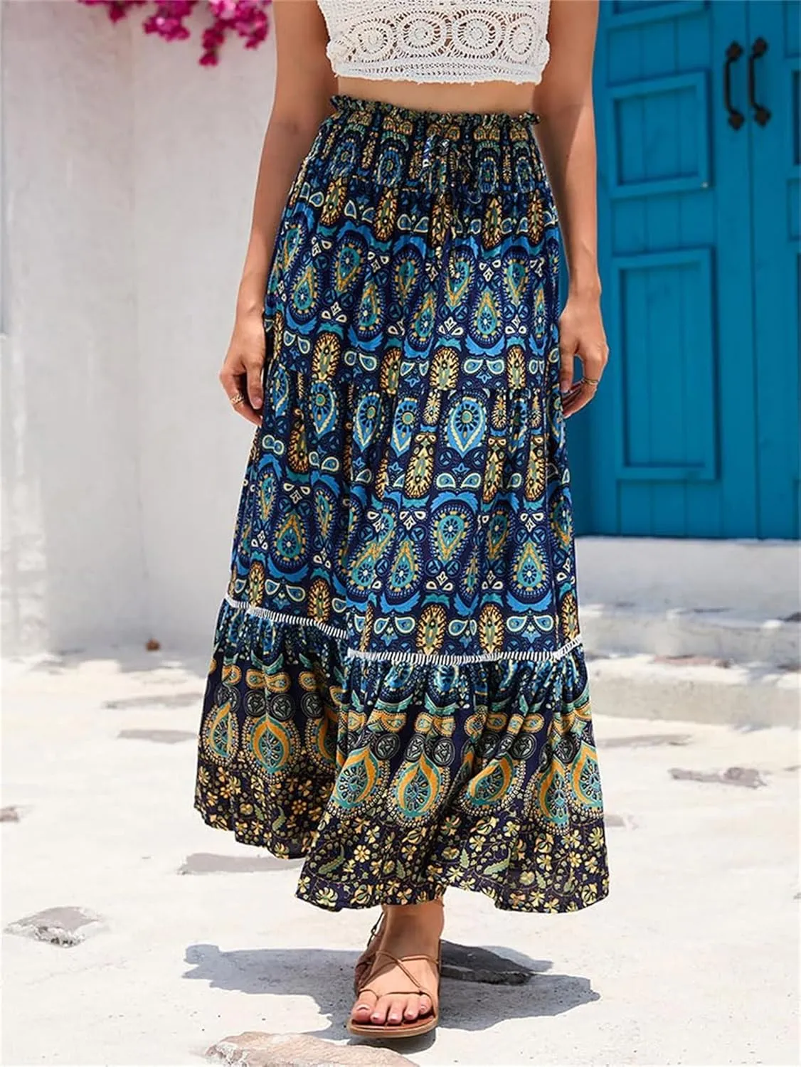 Womens Floral Print Boho Maxi Skirt Casual Elastic High Waist Skirts Pleated Ruffle Flowy Skirts Long Beach Skirt