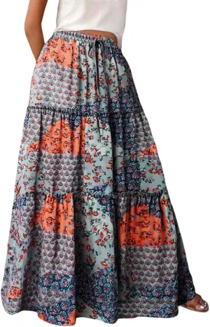 Womens Floral Print Boho Maxi Skirt Elastic High Waist Pleated Ruffle Flowy Long Skirts Summer A Line Casual Skorts