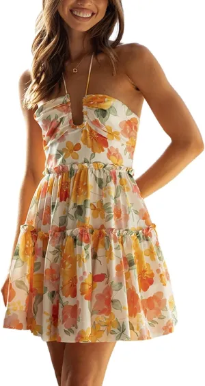 Women's Floral Print Halter Neck Mini Dress Ruched Sleeveless Ruffle Cut Out Flowy Tiered Cute Beach Club Short Dress