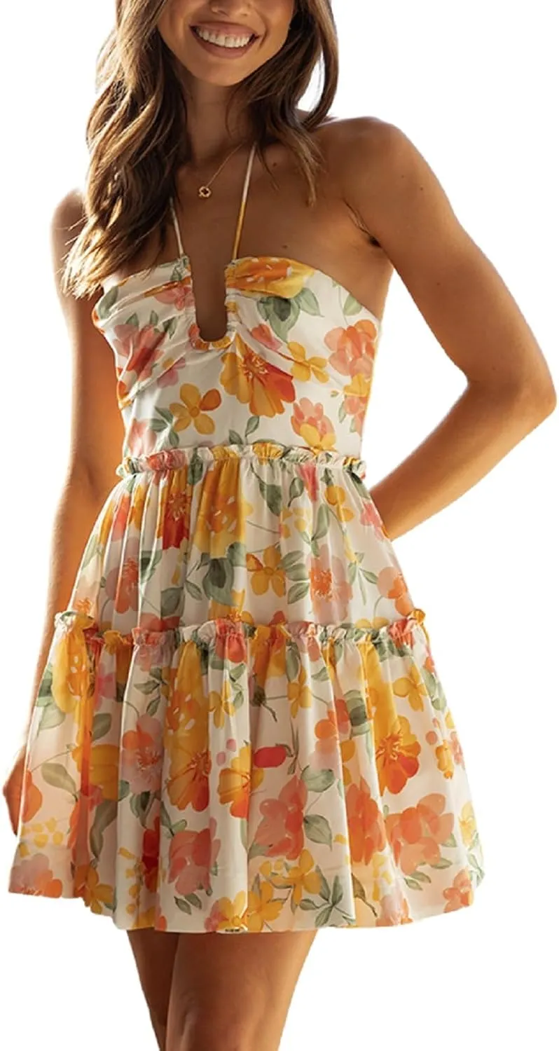 Women's Floral Print Halter Neck Mini Dress Ruched Sleeveless Ruffle Cut Out Flowy Tiered Cute Beach Club Short Dress
