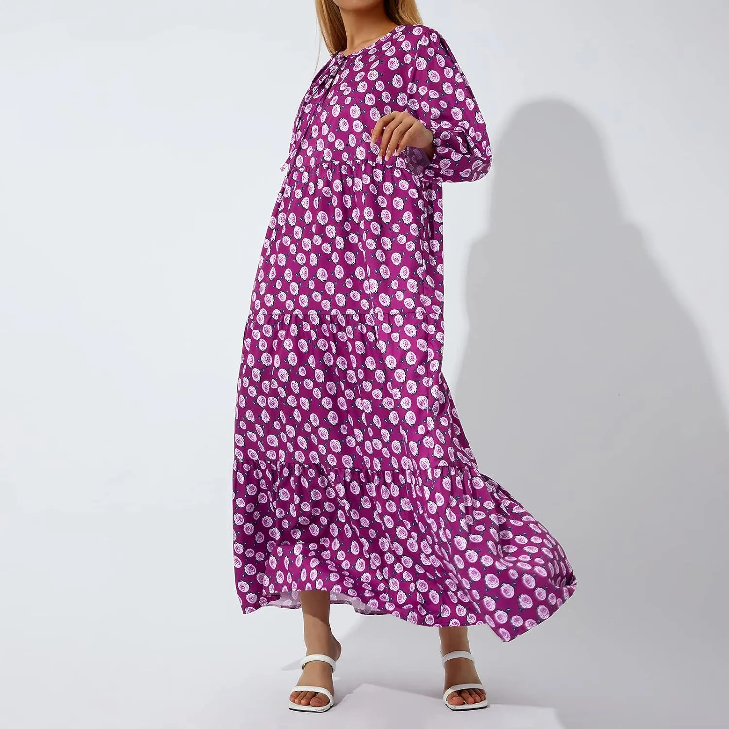 Women's Floral Puff Sleeve Maxi Dress Summer Bohemian V Neck Tiered Long Dress Casual Loose Swing Beach Sundress