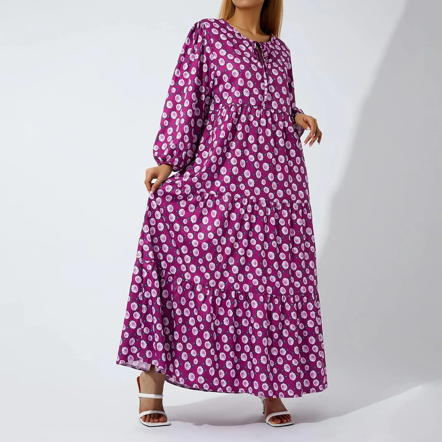 Women's Floral Puff Sleeve Maxi Dress Summer Bohemian V Neck Tiered Long Dress Casual Loose Swing Beach Sundress