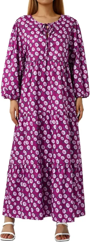 Women's Floral Puff Sleeve Maxi Dress Summer Bohemian V Neck Tiered Long Dress Casual Loose Swing Beach Sundress