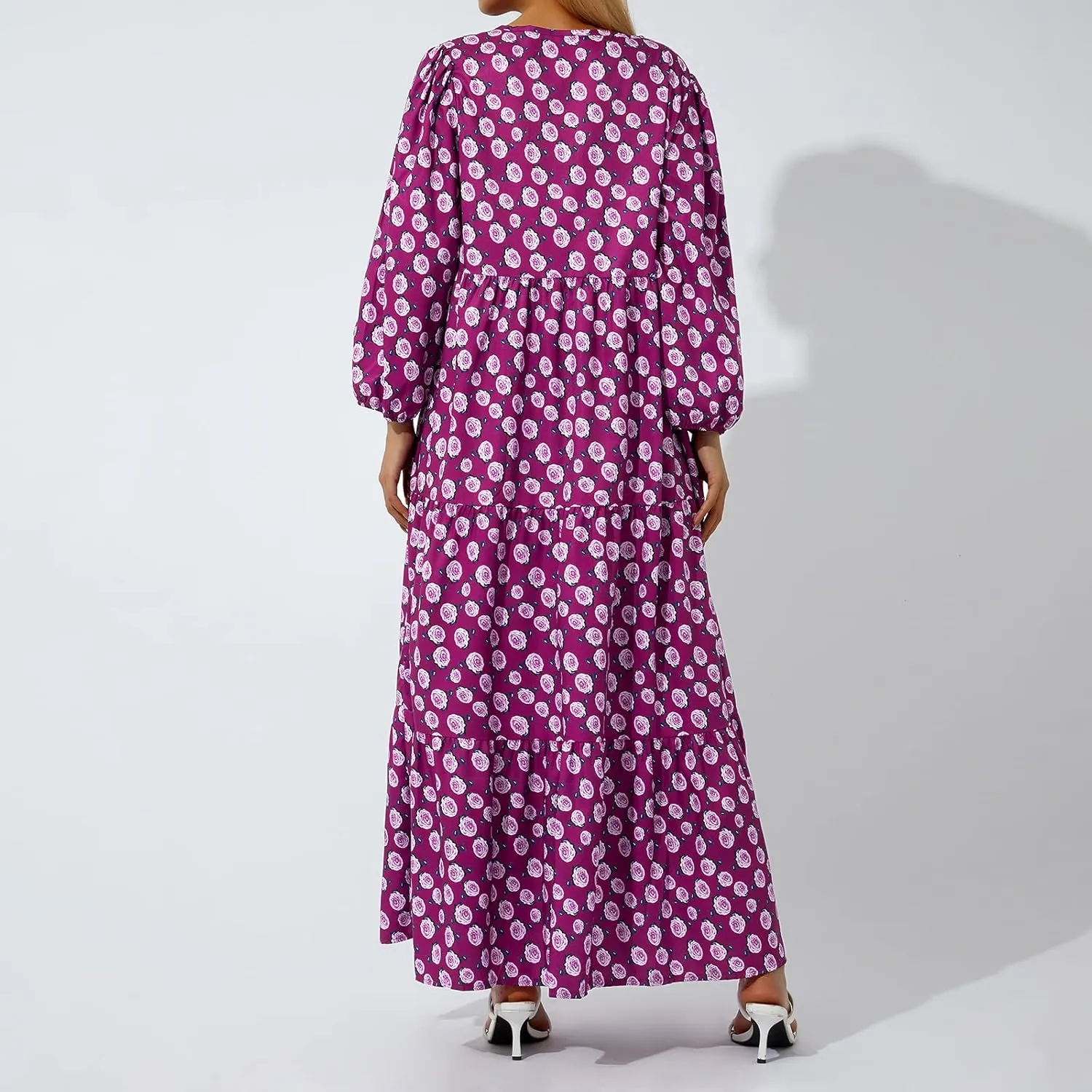 Women's Floral Puff Sleeve Maxi Dress Summer Bohemian V Neck Tiered Long Dress Casual Loose Swing Beach Sundress