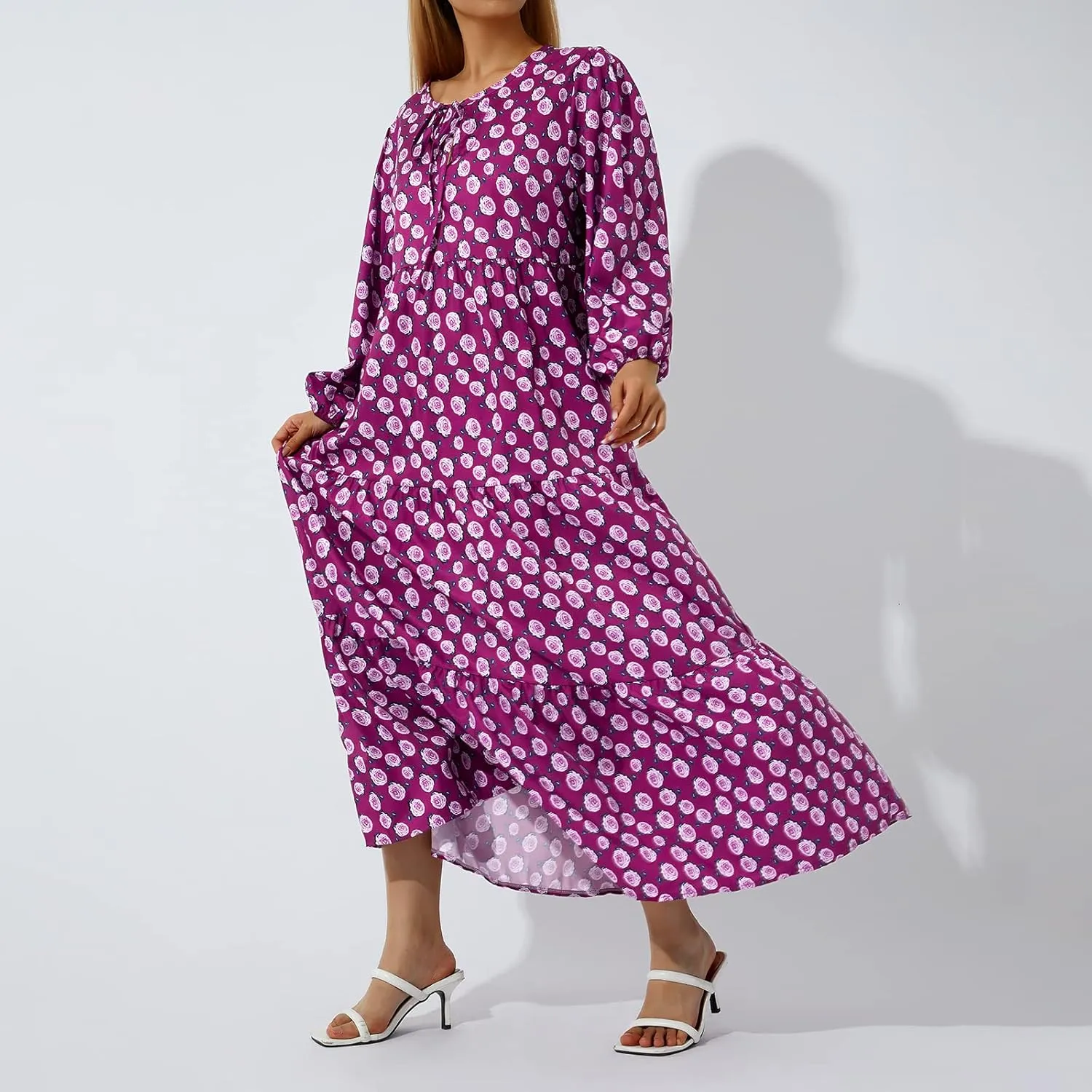 Women's Floral Puff Sleeve Maxi Dress Summer Bohemian V Neck Tiered Long Dress Casual Loose Swing Beach Sundress