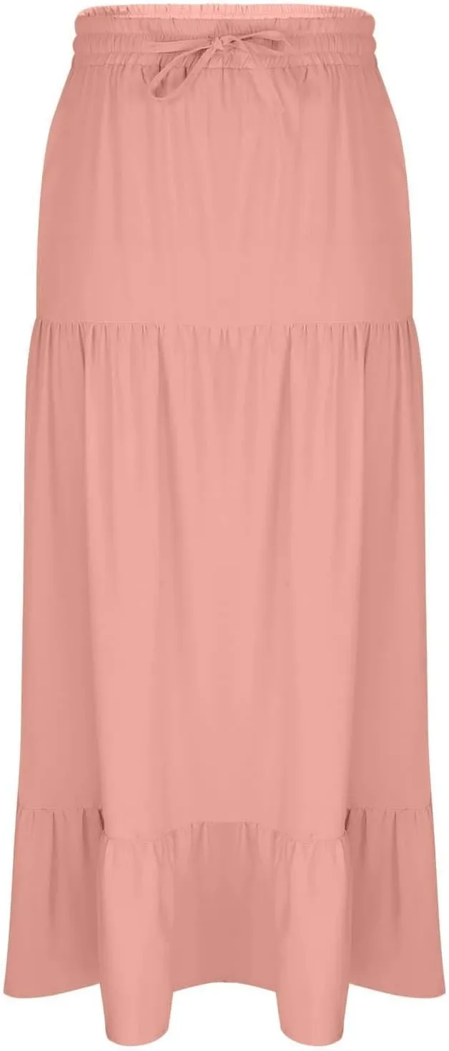 Women's Flowy Boho Maxi Skirt Elastic High Waist A Line Pleated Tiered Summer Casual Beach Long Skirts with Pocket Side Split
