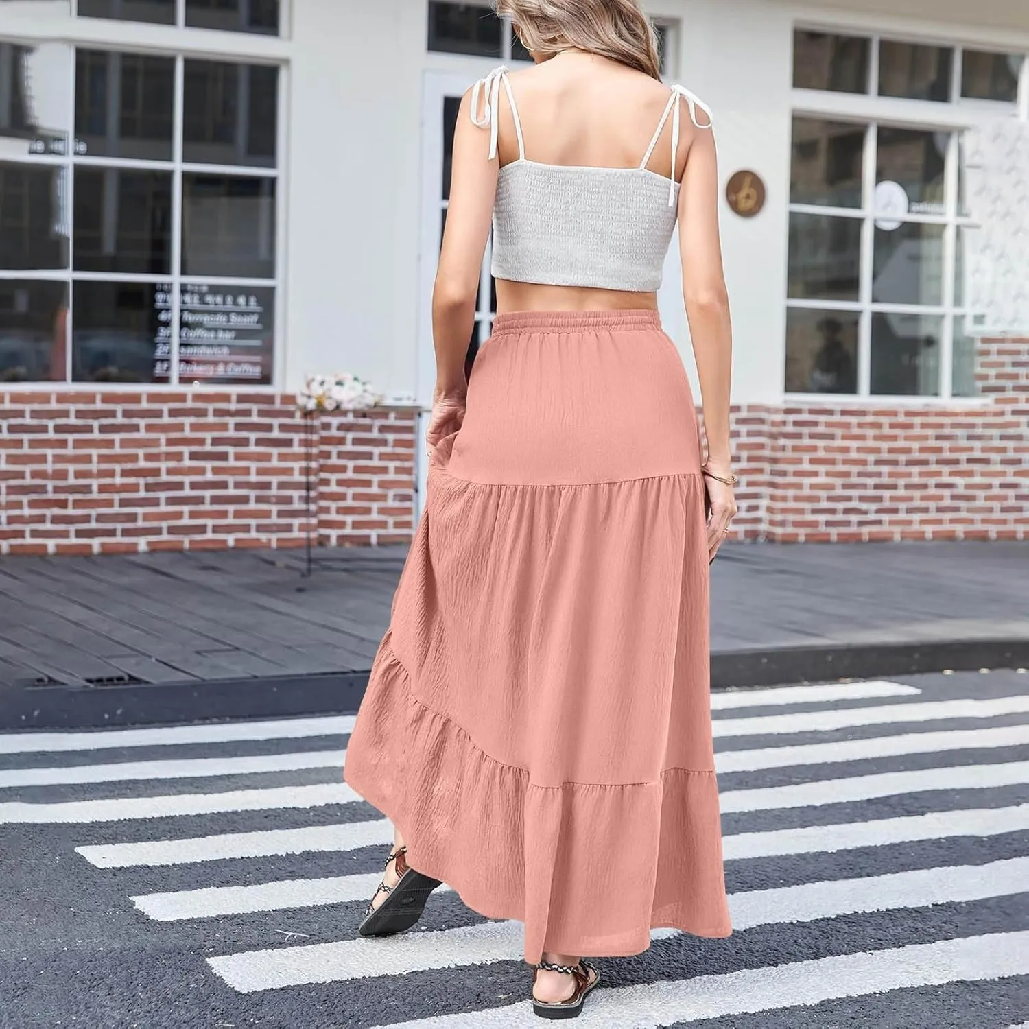 Women's Flowy Boho Maxi Skirt Elastic High Waist A Line Pleated Tiered Summer Casual Beach Long Skirts with Pocket Side Split