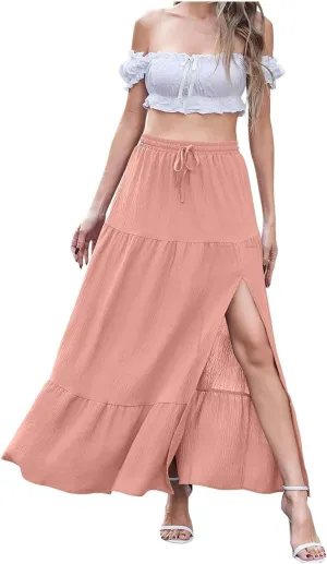 Women's Flowy Boho Maxi Skirt Elastic High Waist A Line Pleated Tiered Summer Casual Beach Long Skirts with Pocket Side Split