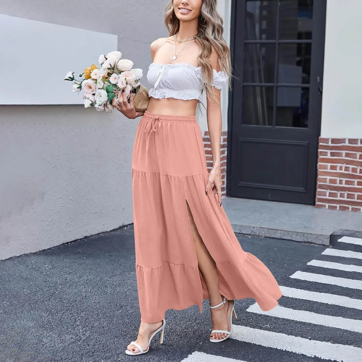 Women's Flowy Boho Maxi Skirt Elastic High Waist A Line Pleated Tiered Summer Casual Beach Long Skirts with Pocket Side Split