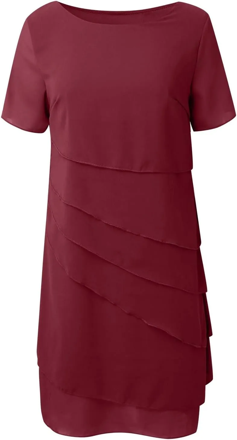 Women's Flowy Chiffon Tiered Midi Dress Summer Elegant Short Sleeve Layered Cocktail Dresses