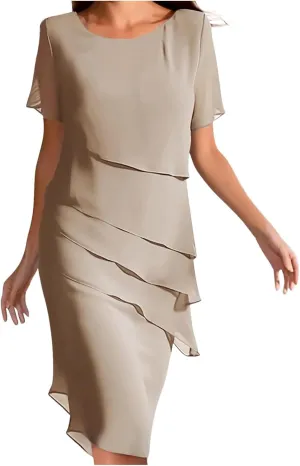 Women's Flowy Chiffon Tiered Midi Dress Summer Elegant Short Sleeve Layered Cocktail Dresses