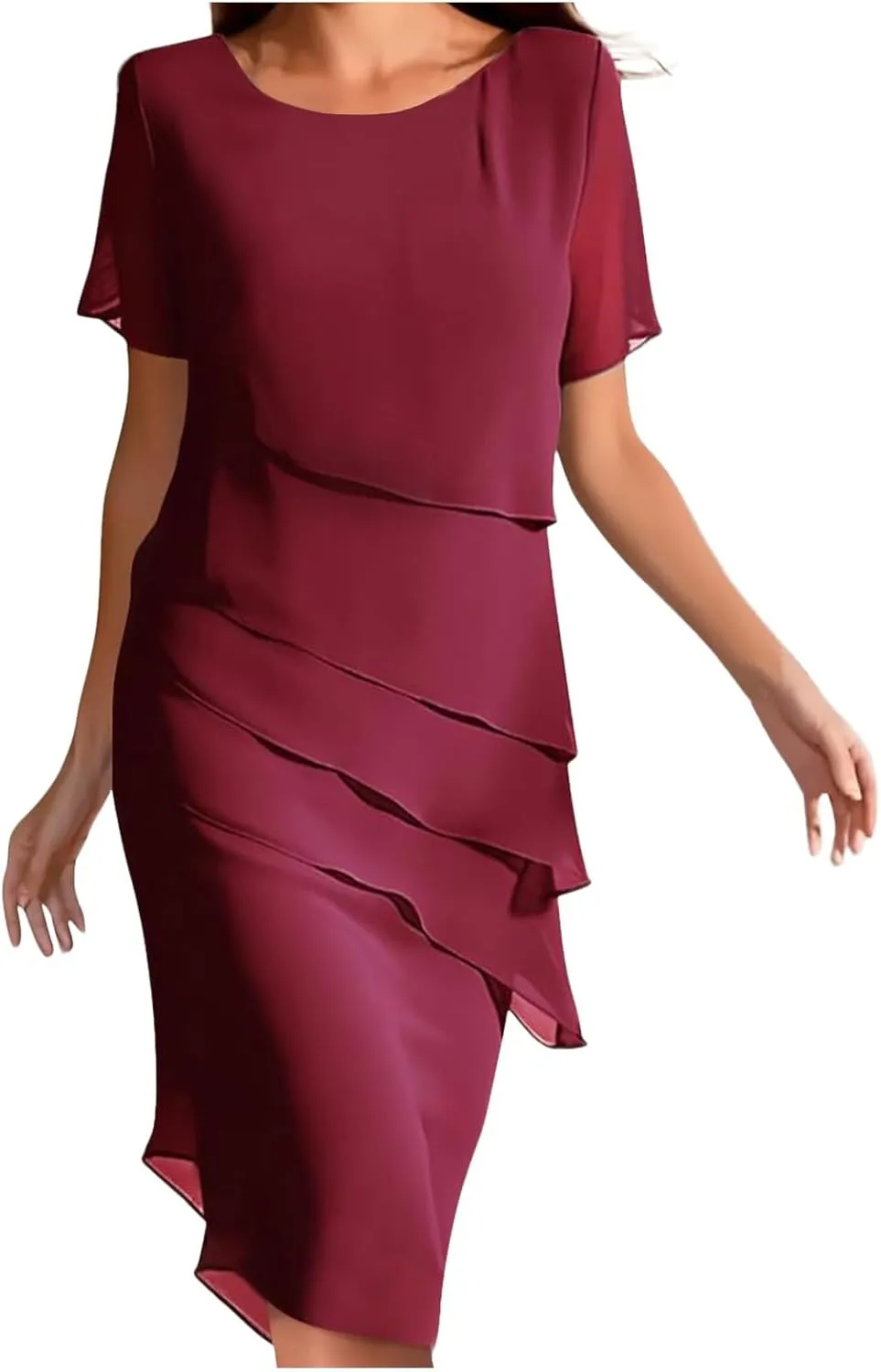 Women's Flowy Chiffon Tiered Midi Dress Summer Elegant Short Sleeve Layered Cocktail Dresses