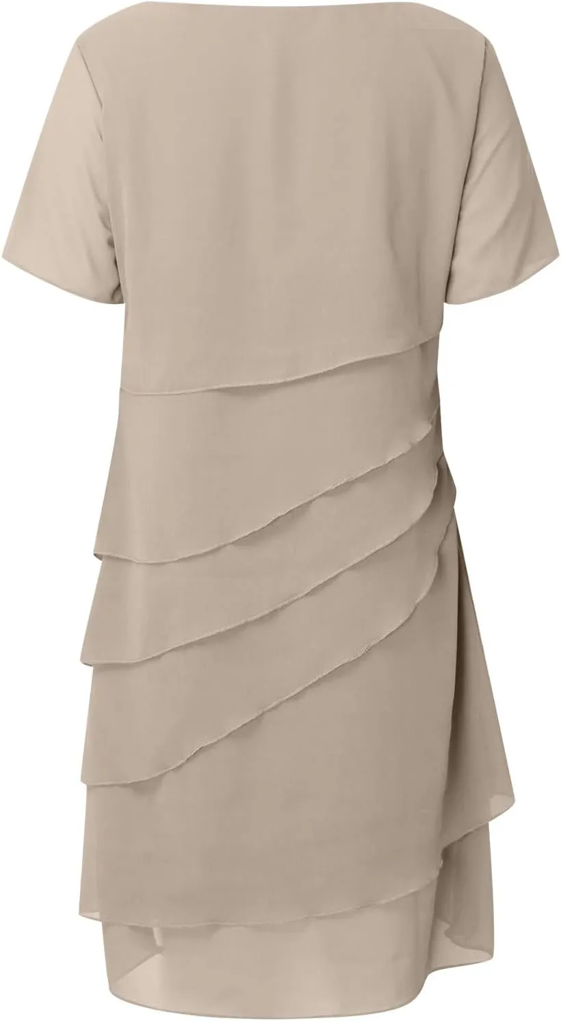Women's Flowy Chiffon Tiered Midi Dress Summer Elegant Short Sleeve Layered Cocktail Dresses
