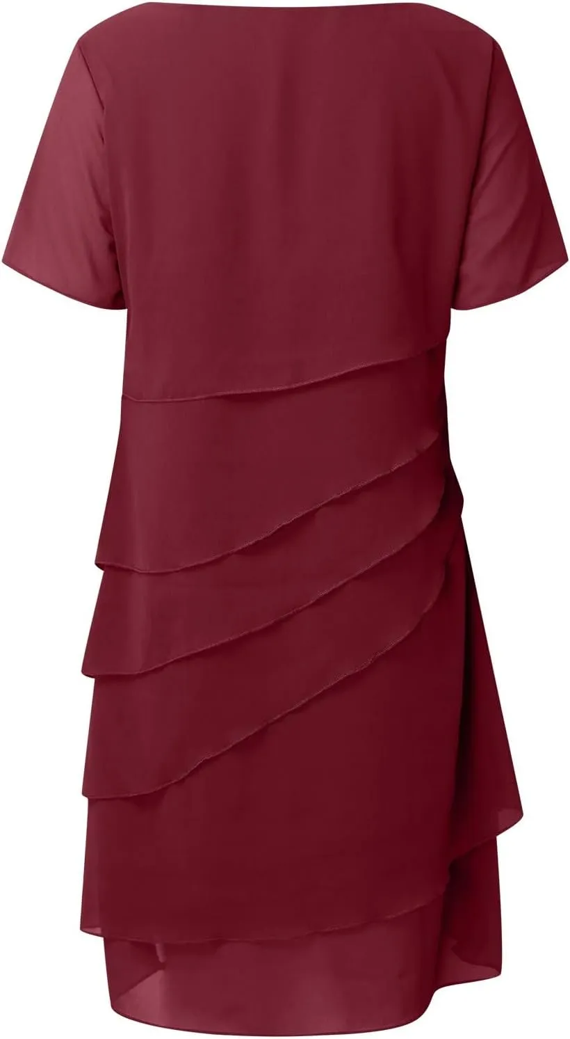 Women's Flowy Chiffon Tiered Midi Dress Summer Elegant Short Sleeve Layered Cocktail Dresses