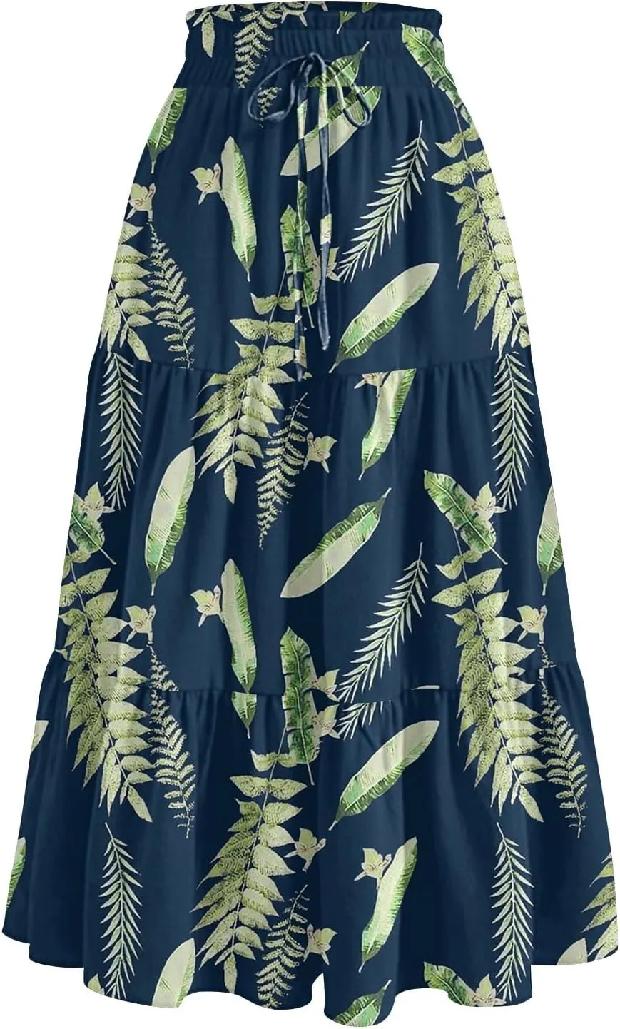 Women's Flowy Midi Skirt Pleated High Elastic Waisted Casual Vacation Resort Long Skirts with Pockets, S-2XL