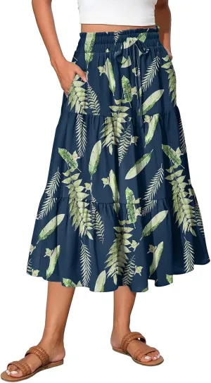 Women's Flowy Midi Skirt Pleated High Elastic Waisted Casual Vacation Resort Long Skirts with Pockets, S-2XL