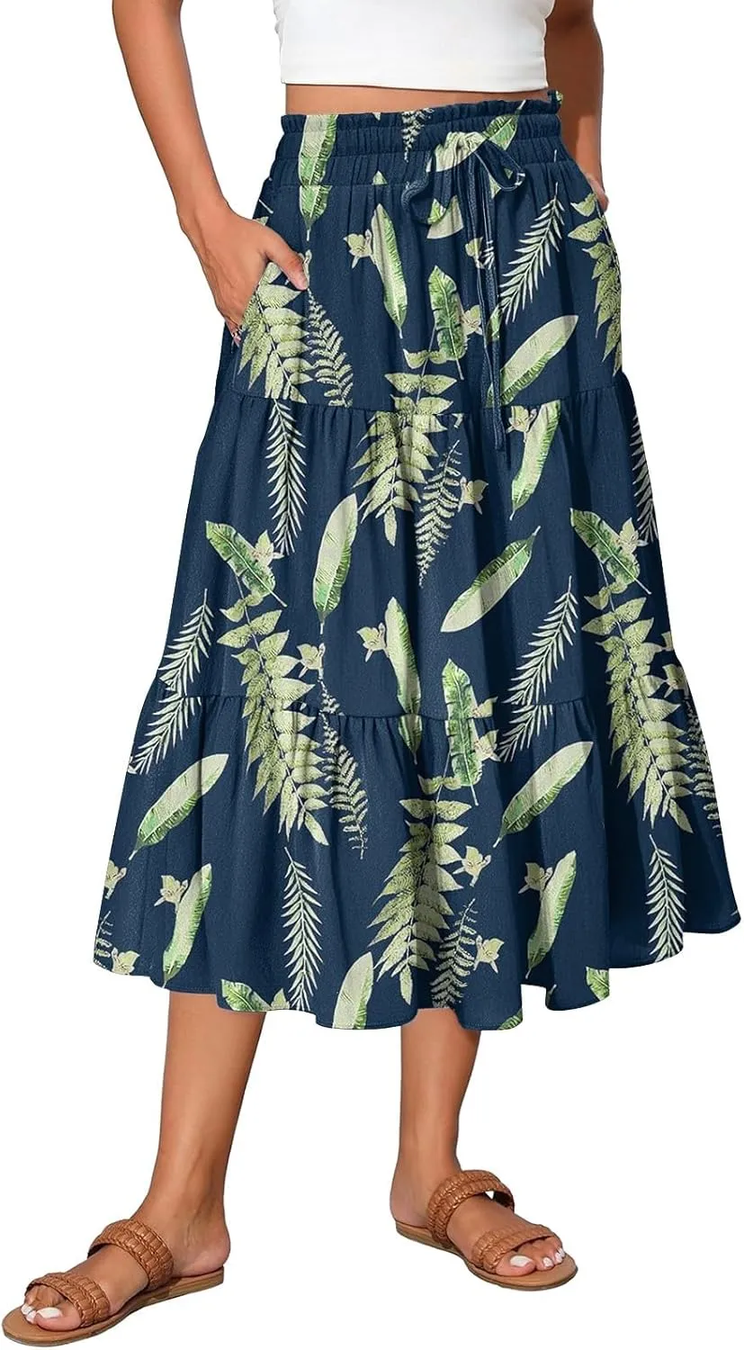 Women's Flowy Midi Skirt Pleated High Elastic Waisted Casual Vacation Resort Long Skirts with Pockets, S-2XL