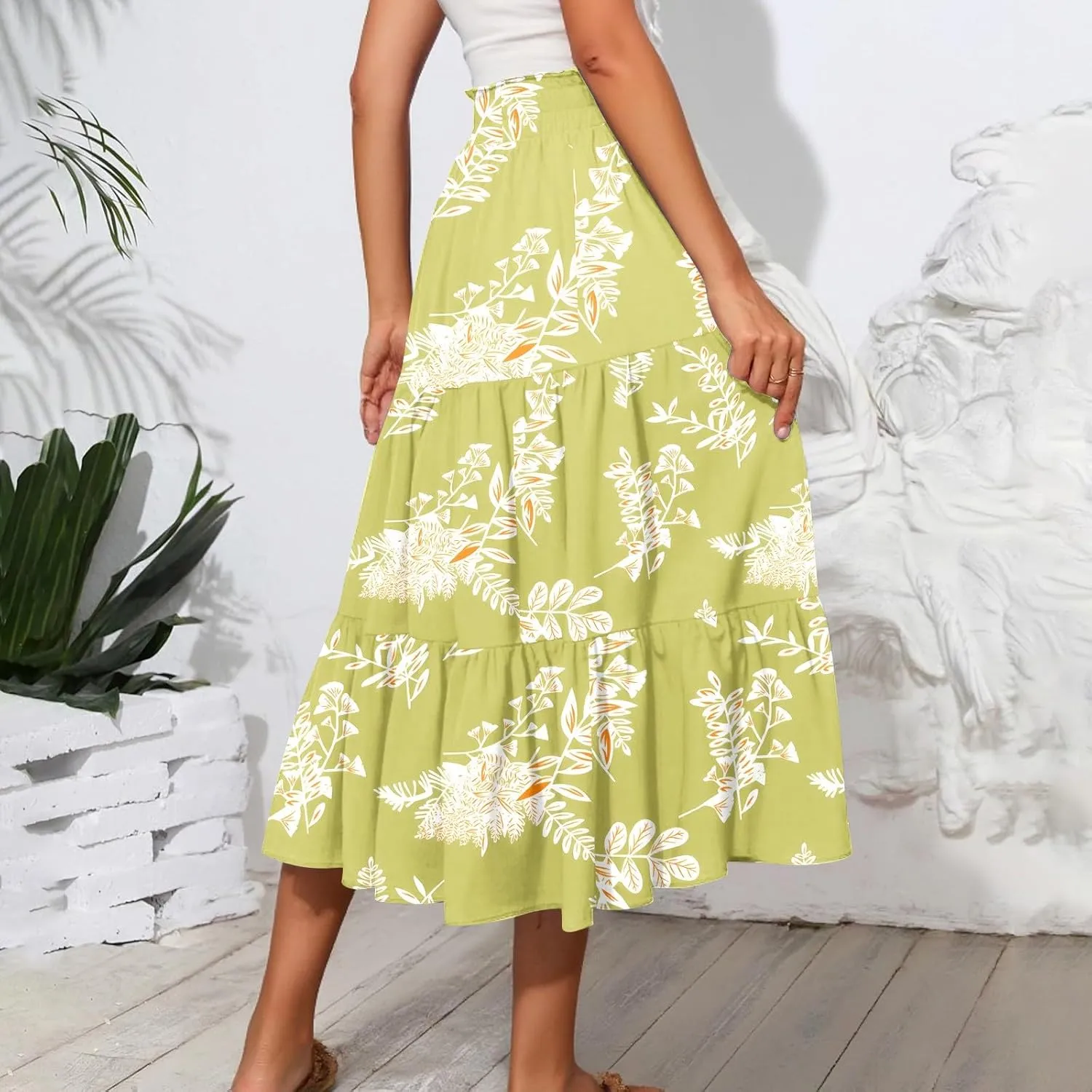 Women's Flowy Midi Skirt Pleated High Stretch Waisted Casual Boho Long Skirts with Pockets, S-2XL