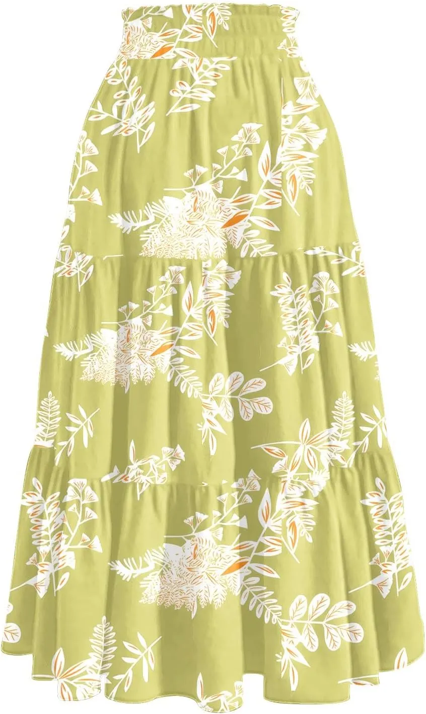 Women's Flowy Midi Skirt Pleated High Stretch Waisted Casual Boho Long Skirts with Pockets, S-2XL