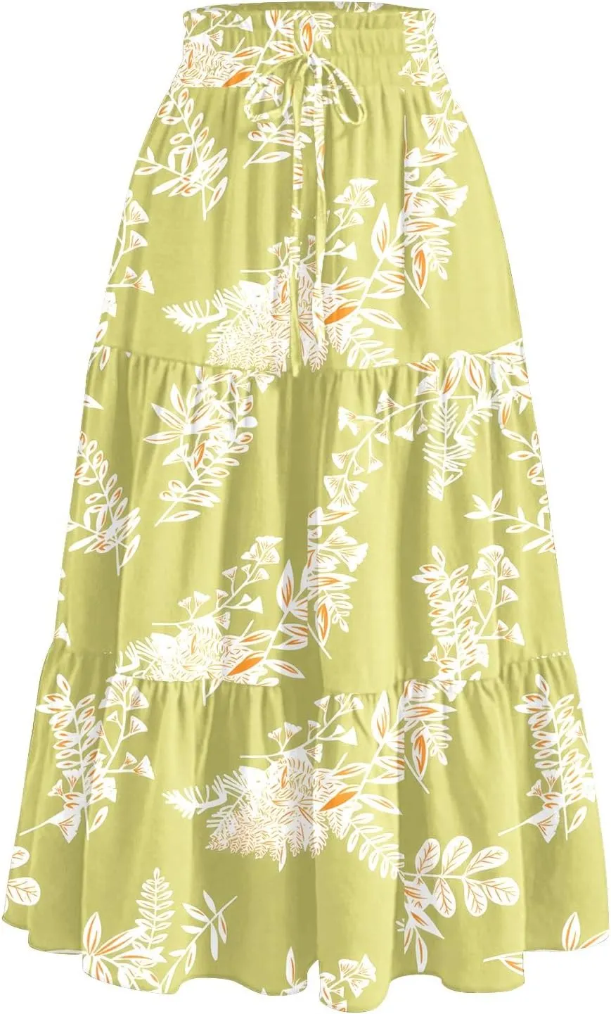 Women's Flowy Midi Skirt Pleated High Stretch Waisted Casual Boho Long Skirts with Pockets, S-2XL