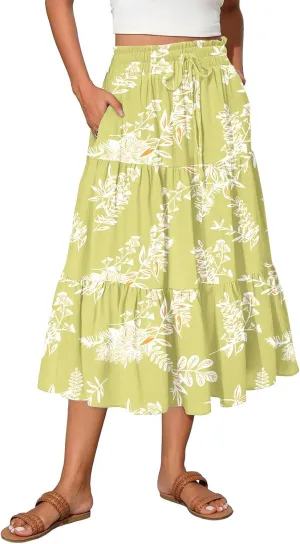 Women's Flowy Midi Skirt Pleated High Stretch Waisted Casual Boho Long Skirts with Pockets, S-2XL