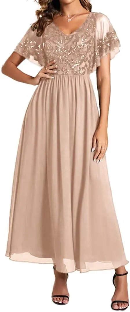 Women's Formal Dresses Ruffles Sleeves V Neck Chiffon Sequin Midi Mother of The Bride Dress