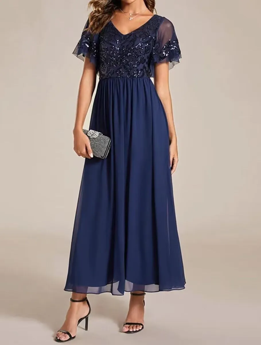 Women's Formal Dresses Ruffles Sleeves V Neck Chiffon Sequin Midi Mother of The Bride Dress