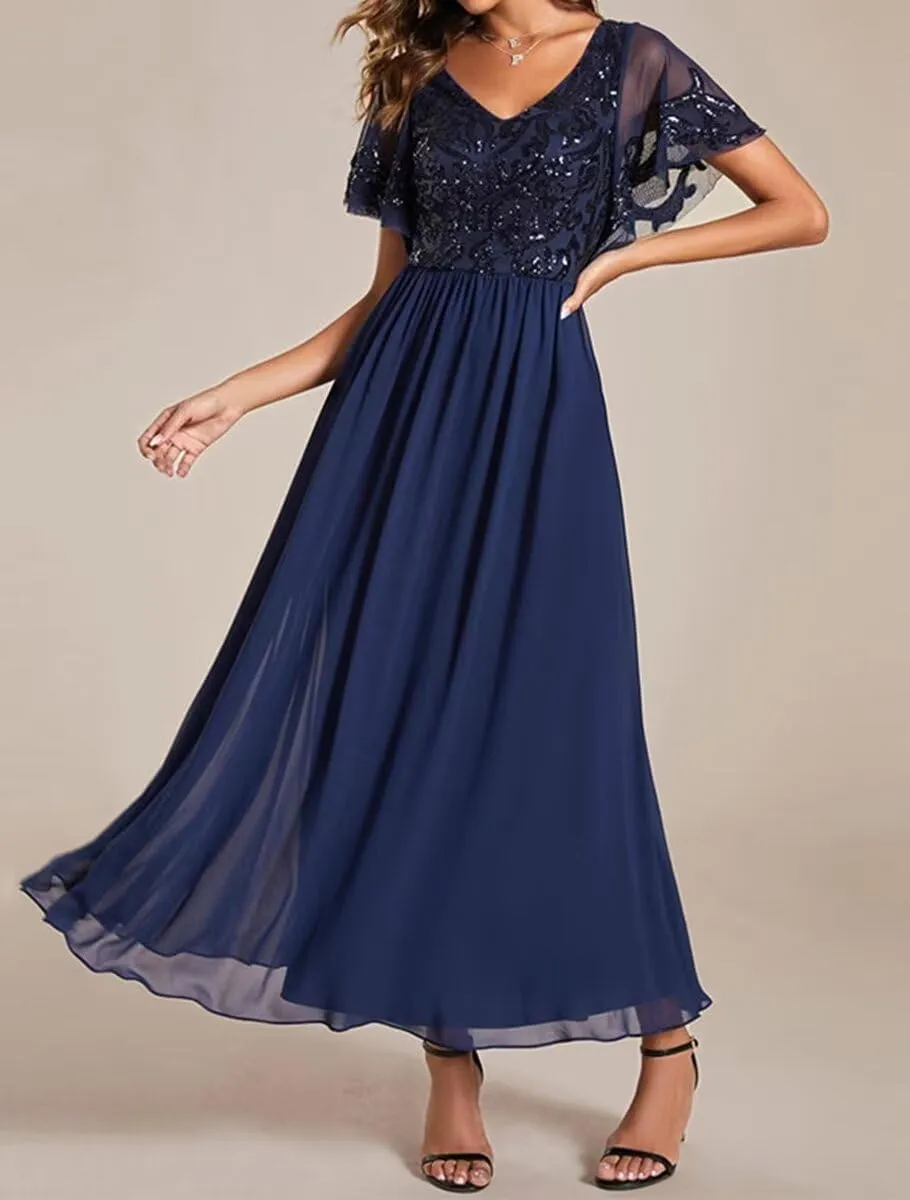 Women's Formal Dresses Ruffles Sleeves V Neck Chiffon Sequin Midi Mother of The Bride Dress