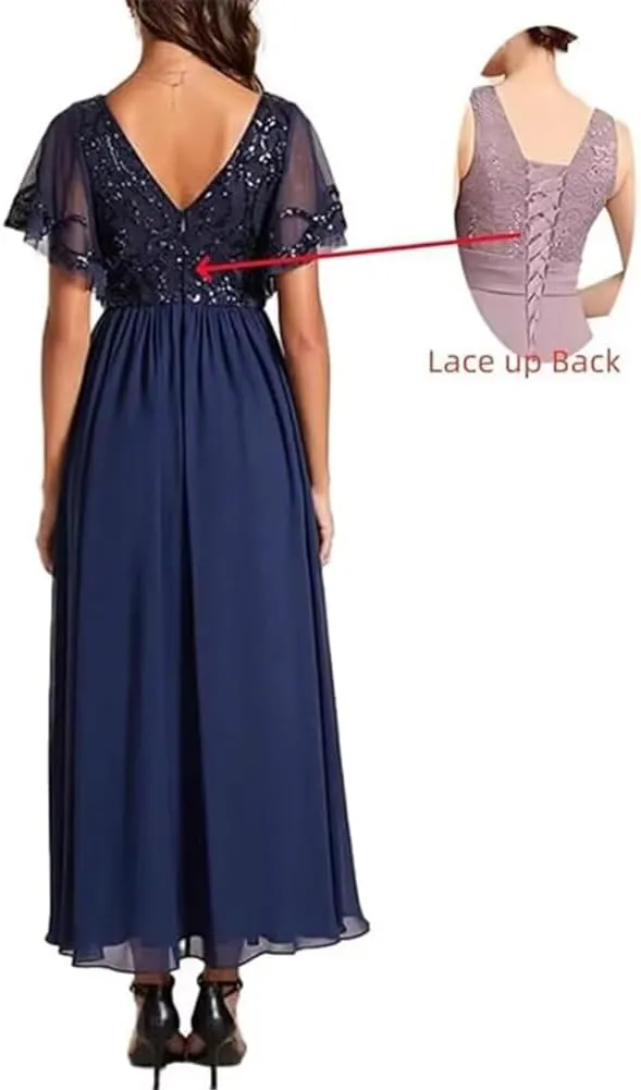 Women's Formal Dresses Ruffles Sleeves V Neck Chiffon Sequin Midi Mother of The Bride Dress