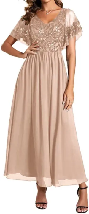 Women's Formal Dresses Ruffles Sleeves V Neck Chiffon Sequin Midi Mother of The Bride Dress