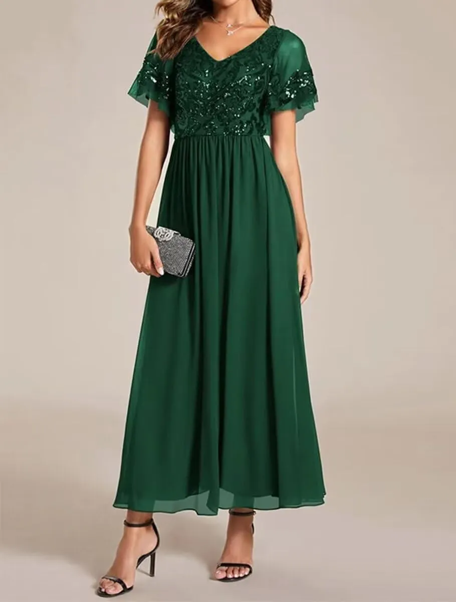 Women's Formal Dresses Ruffles Sleeves V Neck Chiffon Sequin Midi Mother of The Bride Dress