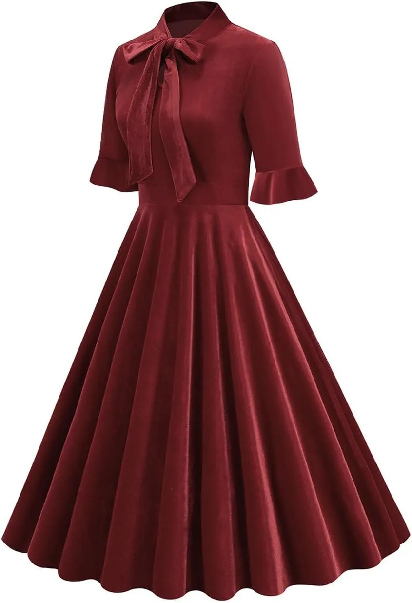 Women's Formal Velvet Ruffle Pleated Tie Neck Wrap Evening Cocktail Party Dress Dressy Short Sleeve Flowy Midi Dress