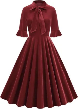 Women's Formal Velvet Ruffle Pleated Tie Neck Wrap Evening Cocktail Party Dress Dressy Short Sleeve Flowy Midi Dress