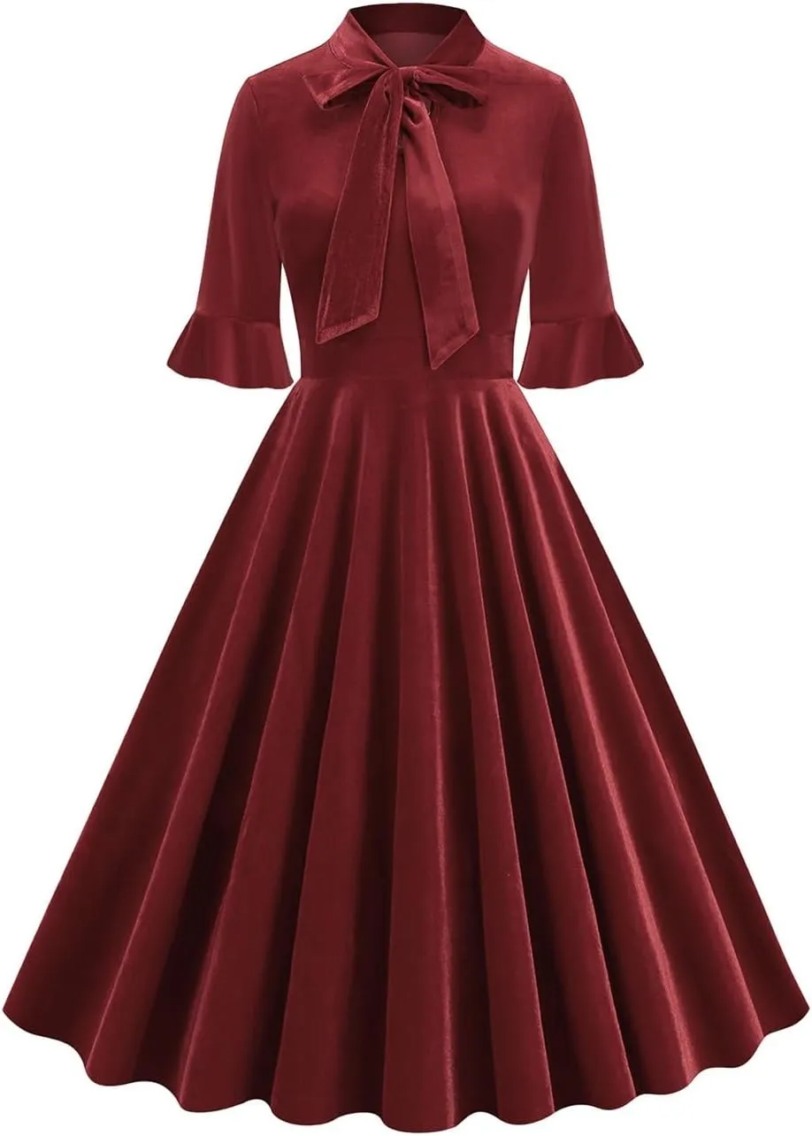 Women's Formal Velvet Ruffle Pleated Tie Neck Wrap Evening Cocktail Party Dress Dressy Short Sleeve Flowy Midi Dress
