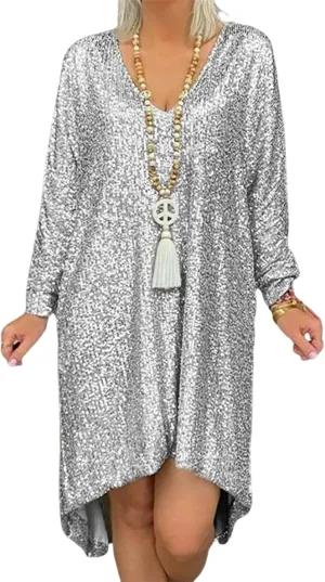 Women's Glitter Sequin Dress Loose Sparkly Sequin Party Club Dresses V Neck Short Sleeve Swing Midi Dress