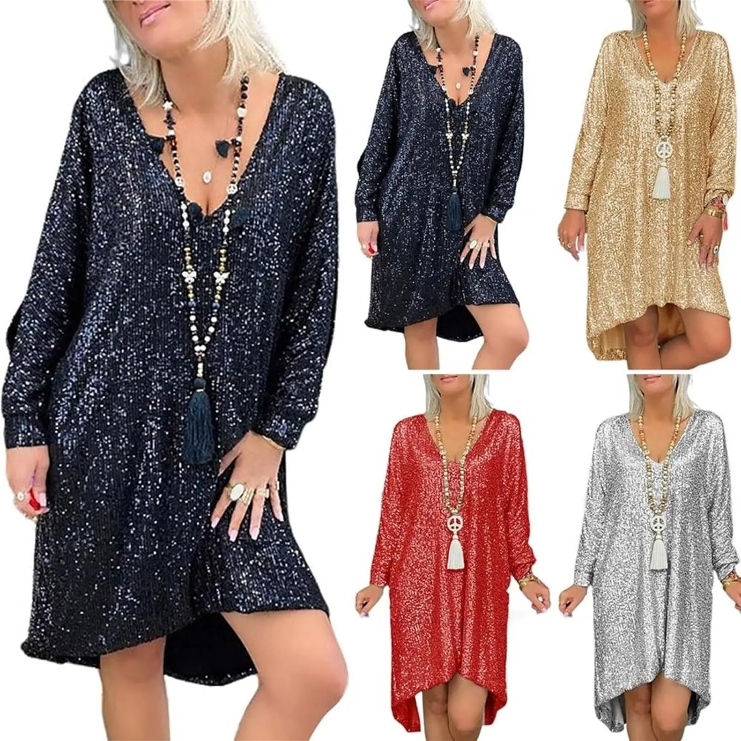 Women's Glitter Sequin Dress Loose Sparkly Sequin Party Club Dresses V Neck Short Sleeve Swing Midi Dress