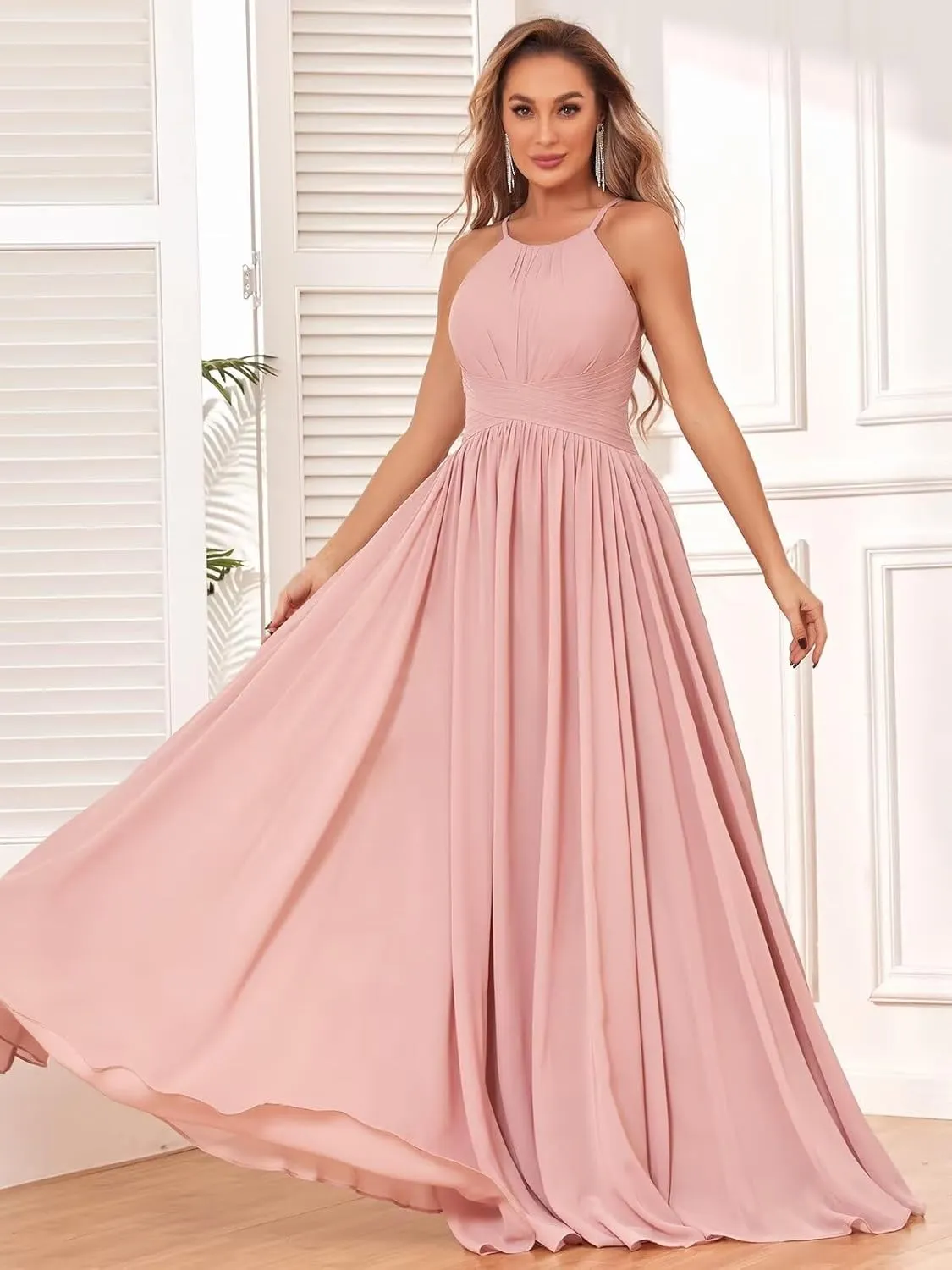 Women's Halter Chiffon Bridesmaid Dresses Long Pleated Sleeveless Empire Waist Formal Dresses