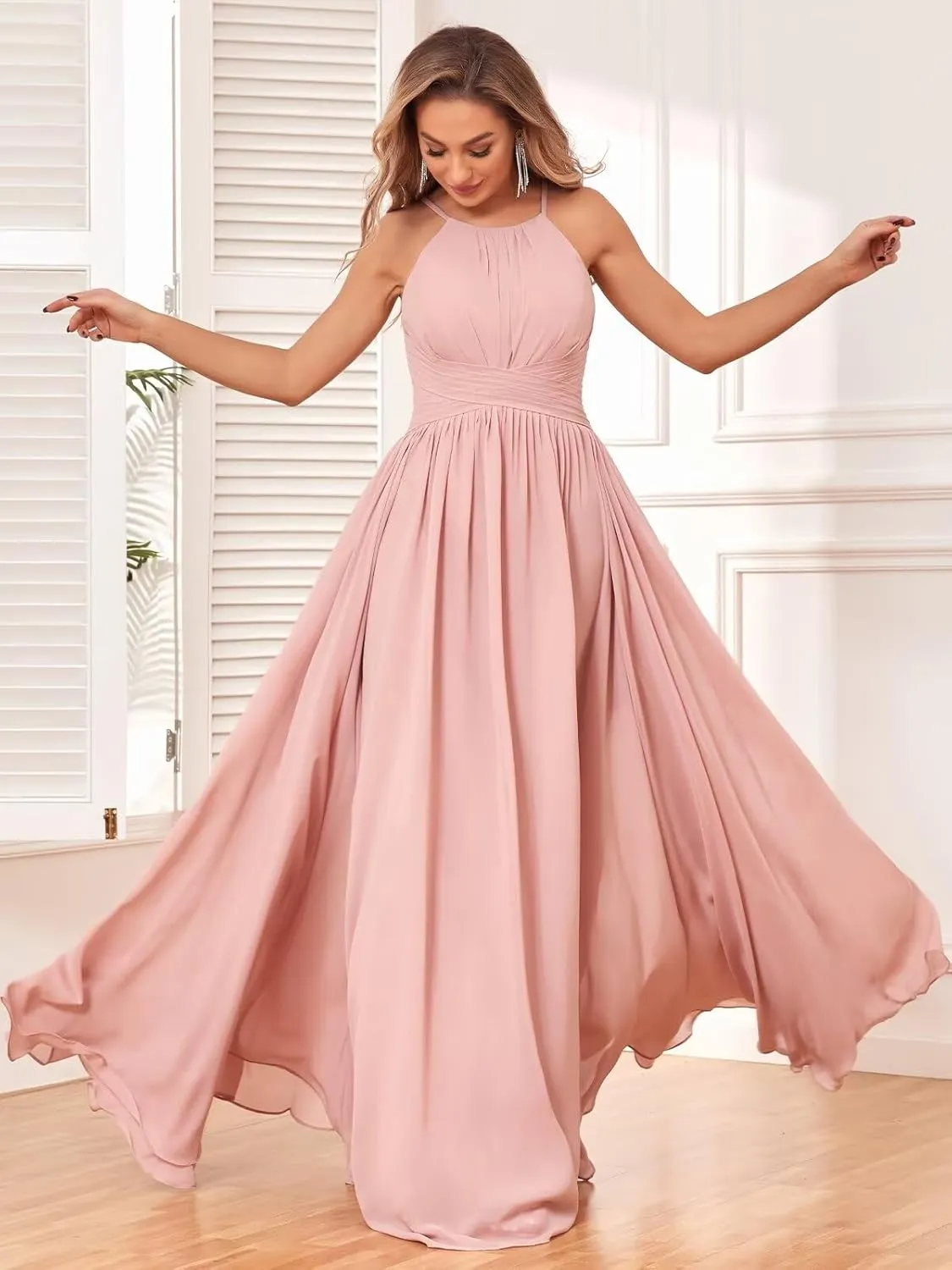 Women's Halter Chiffon Bridesmaid Dresses Long Pleated Sleeveless Empire Waist Formal Dresses