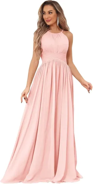 Women's Halter Chiffon Bridesmaid Dresses Long Pleated Sleeveless Empire Waist Formal Dresses