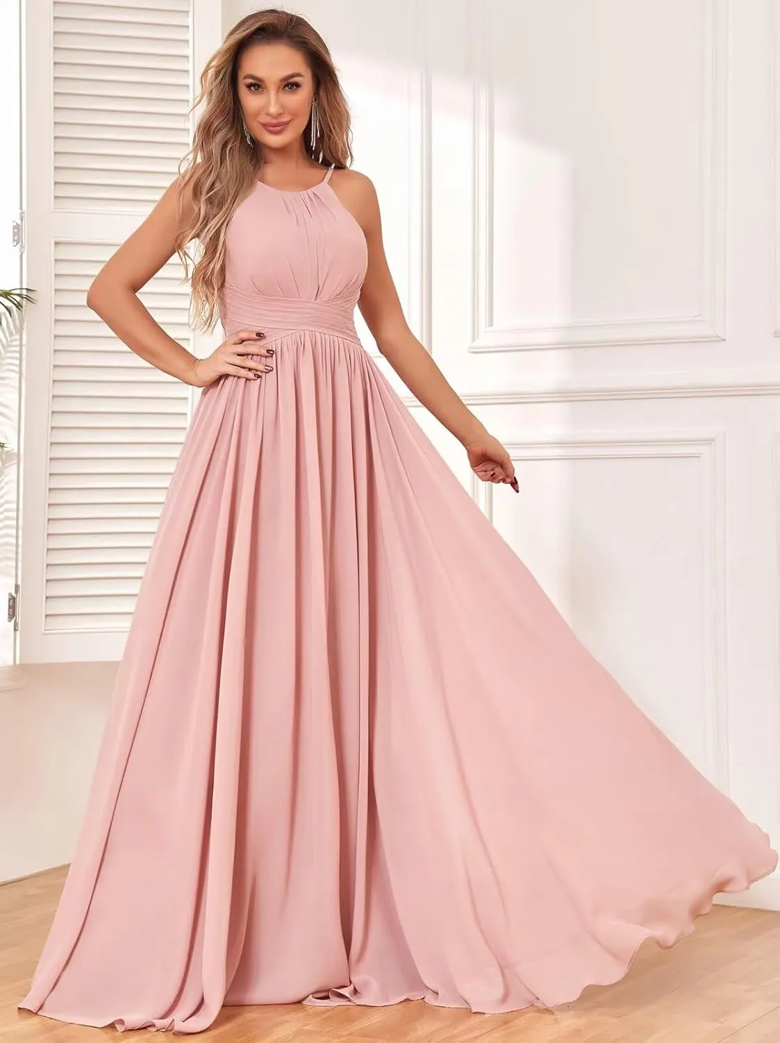 Women's Halter Chiffon Bridesmaid Dresses Long Pleated Sleeveless Empire Waist Formal Dresses