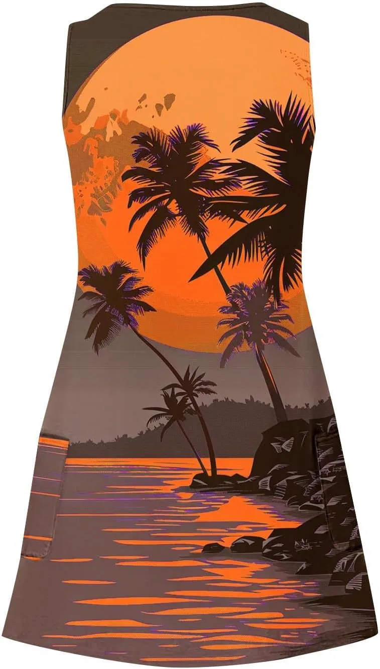 Women's Hawaiian Print Tank Dresses Summer Sleeveless Boho Beach Dress Casual V Neck Loose Fit Mini Sundress