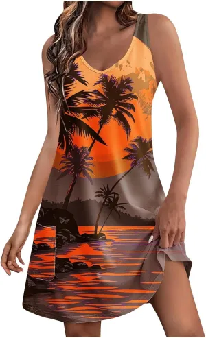 Women's Hawaiian Print Tank Dresses Summer Sleeveless Boho Beach Dress Casual V Neck Loose Fit Mini Sundress