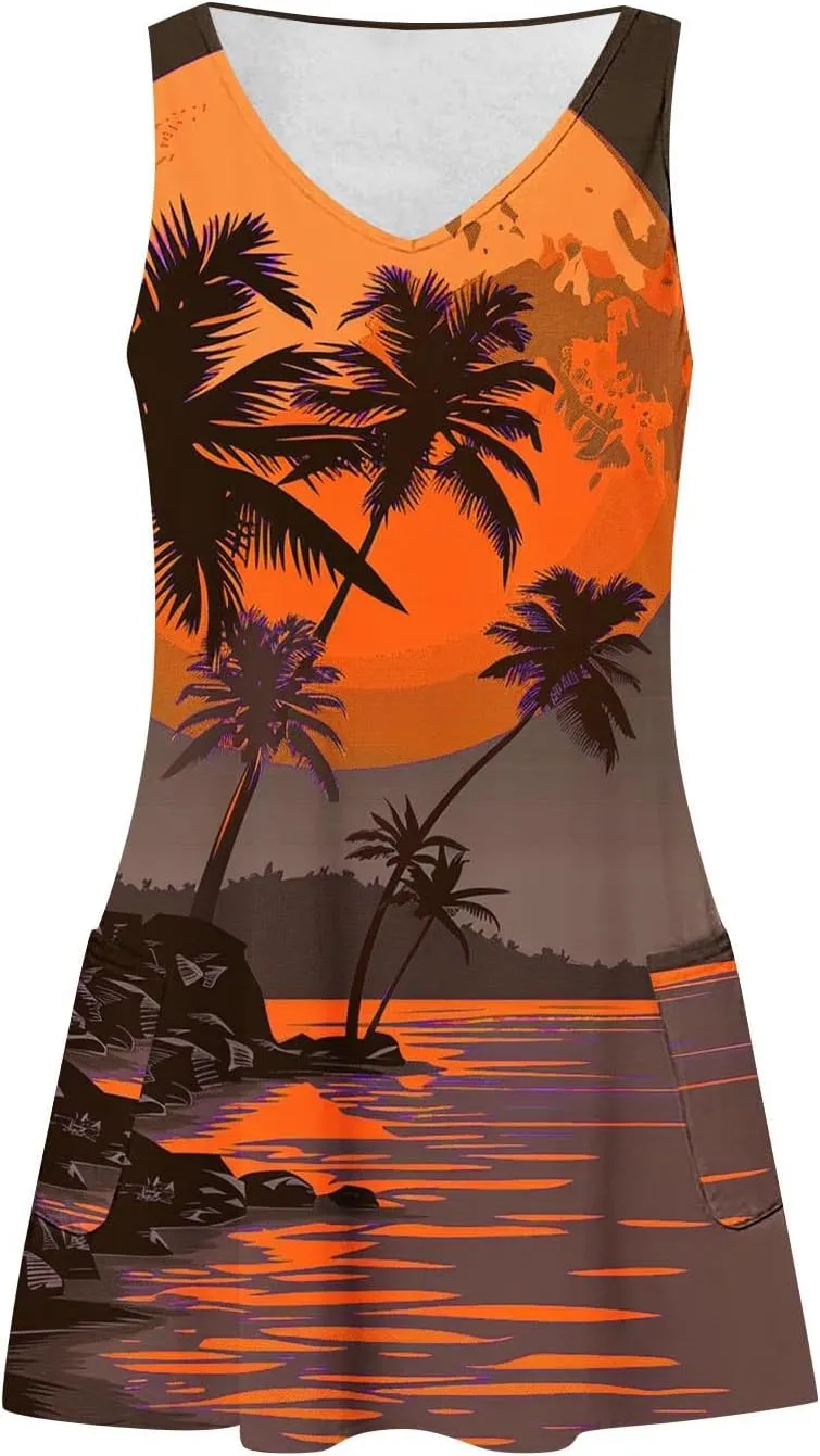 Women's Hawaiian Print Tank Dresses Summer Sleeveless Boho Beach Dress Casual V Neck Loose Fit Mini Sundress