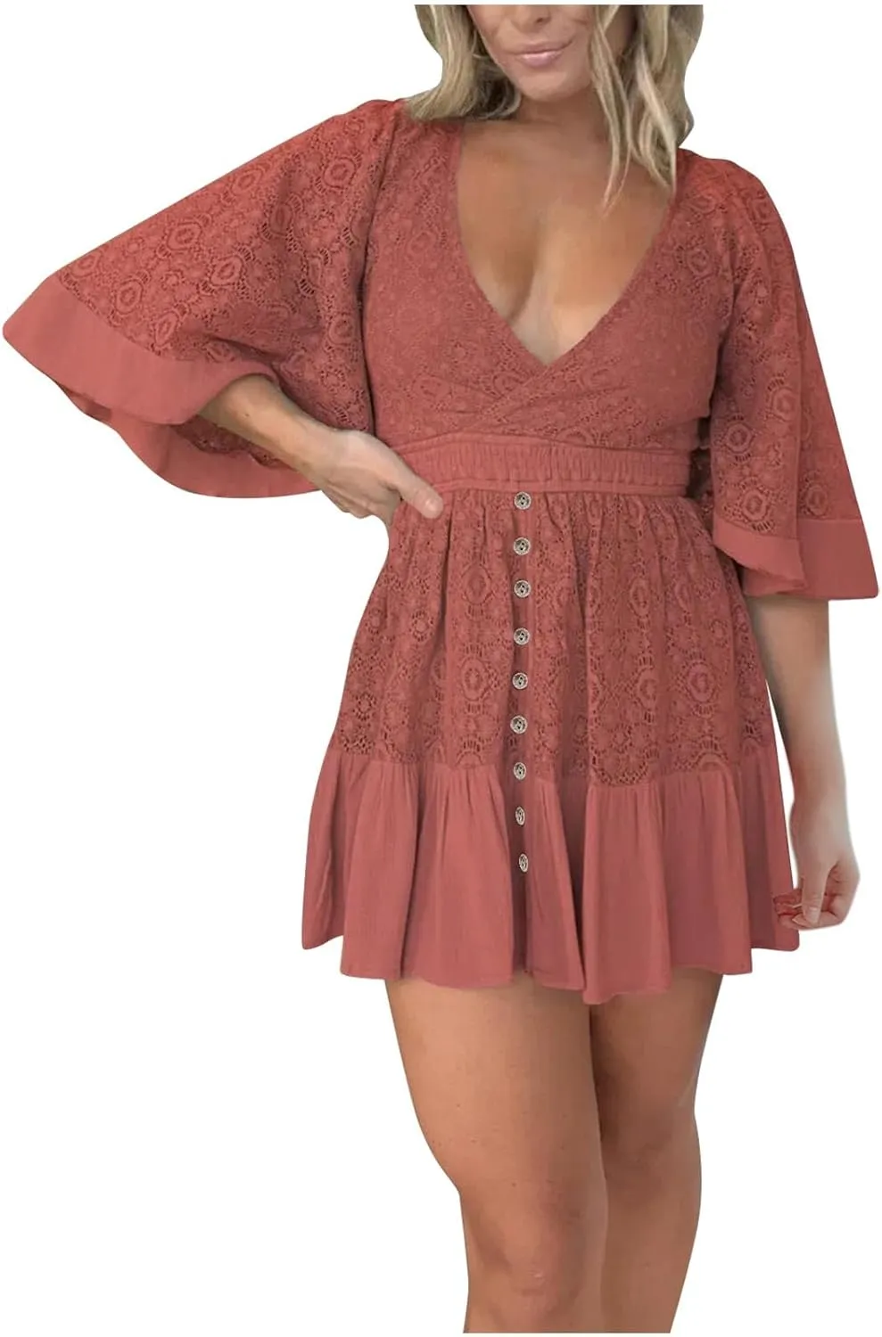 Women's Lace Crochet Flowy Drress Wrap Deep V Neck Batwing Sleeve Mini Dress Causal Ruffle Travel Vacation Sundress