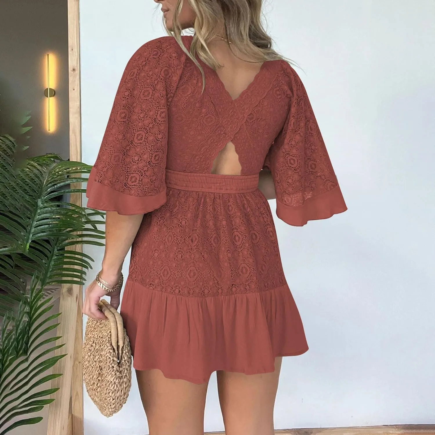 Women's Lace Crochet Flowy Drress Wrap Deep V Neck Batwing Sleeve Mini Dress Causal Ruffle Travel Vacation Sundress