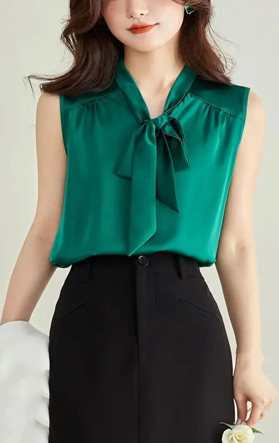 Women's Lightweight Satin Tank Top & Camisole Summer Bow-Tie V-Neck Sleeveless Vest Casual Loose Fit Work Office Blouse