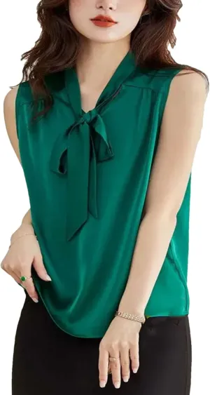 Women's Lightweight Satin Tank Top & Camisole Summer Bow-Tie V-Neck Sleeveless Vest Casual Loose Fit Work Office Blouse