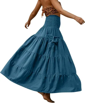 Womens Long Maxi Skirt Smocked Elastic Waist Pleated Tiered A Line Skirt Solid Beach Vacation Skirts with Pockets